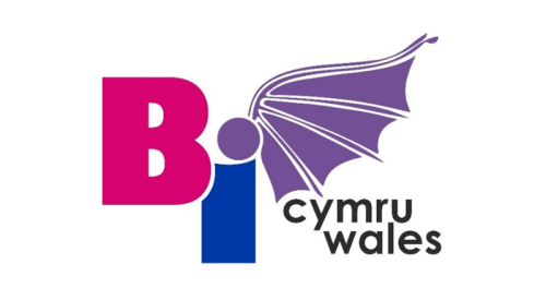 Bi Cymru/Wales logo - text in bi flag colours, with a bat wing coming out of it