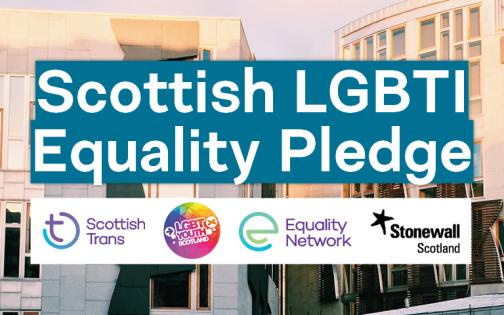 Scottish elections 2021 - LGBTI pledge of support text in front of Holyrood