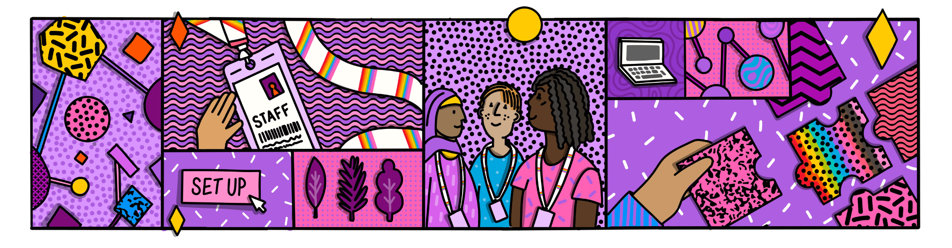 A comic book style illustration in vibrant pink and purple colours which shows LGBTQ+ employees together at work. There are rainbow lanyards and puzzle pieces joining together. 