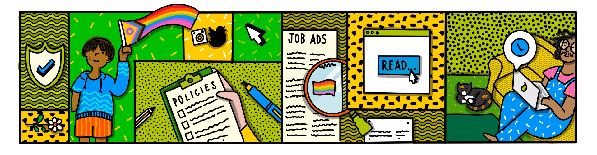 A comic book style illustration in green and yellow, showing LGBTQ+ young people jobhunting. One young person is waving a Progress Pride flag and another young person is searching for jobs on their laptop, sitting on a sofa with a cat.