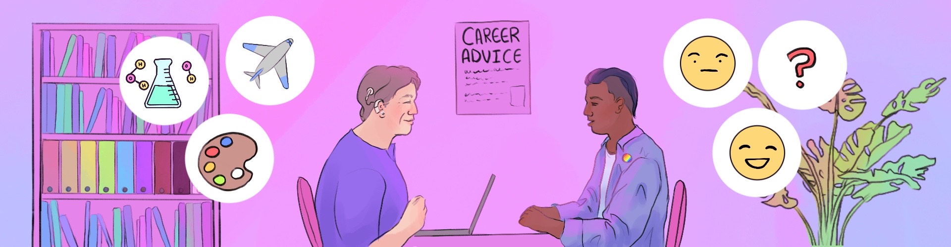 A colourful illustration of a queer young person is in a careers advice meeting with an adult. The young person is unsure, and the adult is suggesting some different career options.